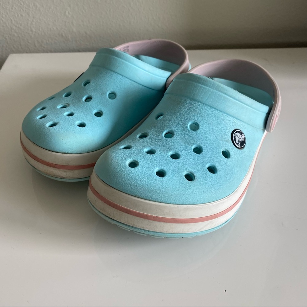 CROCS Kids Aqua Blue Clogs with Pale Pink Trim